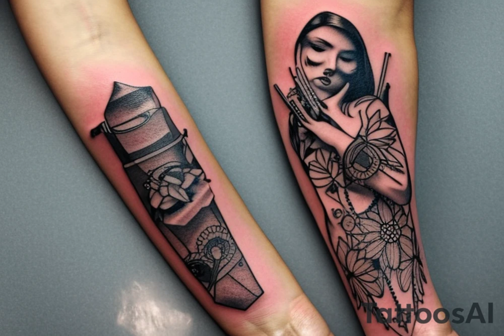 a forearm bracelet with many blade tips on it tattoo idea