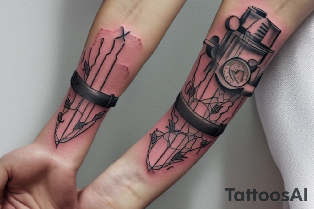 a forearm bracelet with many blade tips on it tattoo idea
