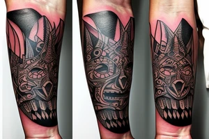 a forearm bracelet with many blade tips on it tattoo idea