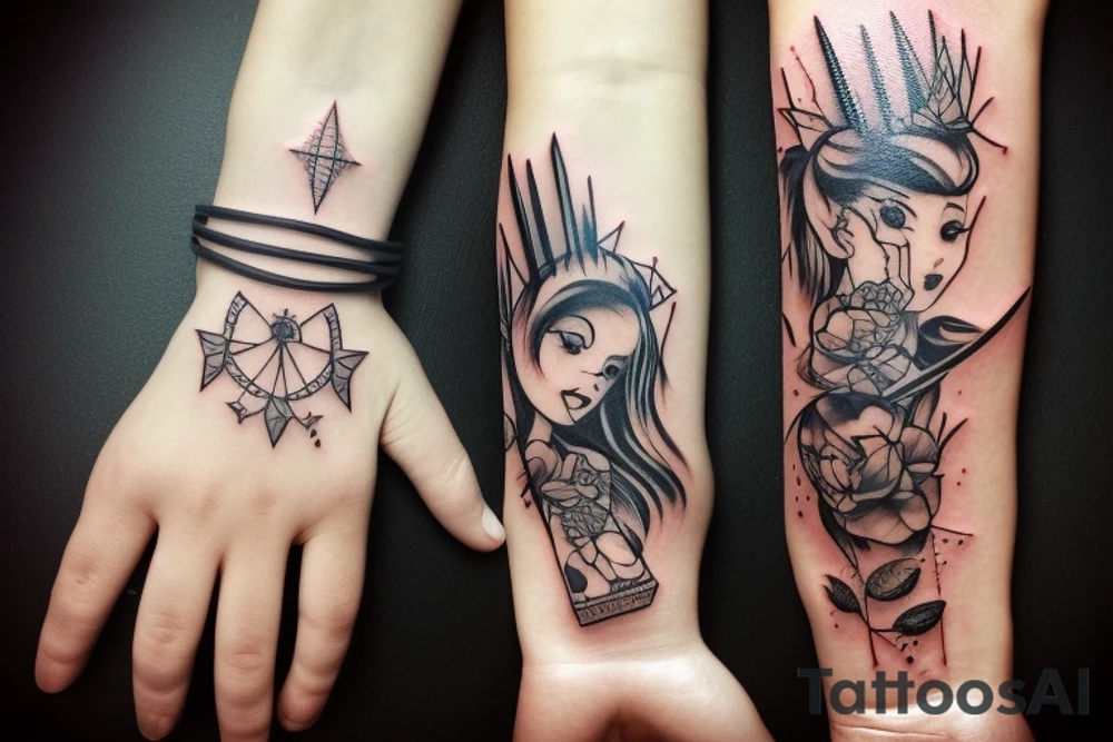 a forearm bracelet with many blade tips on it tattoo idea