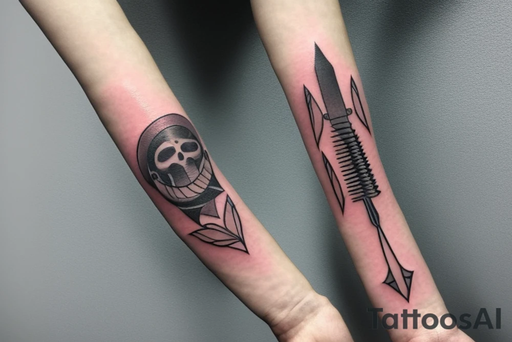a forearm bracelet with many blade tips on it tattoo idea