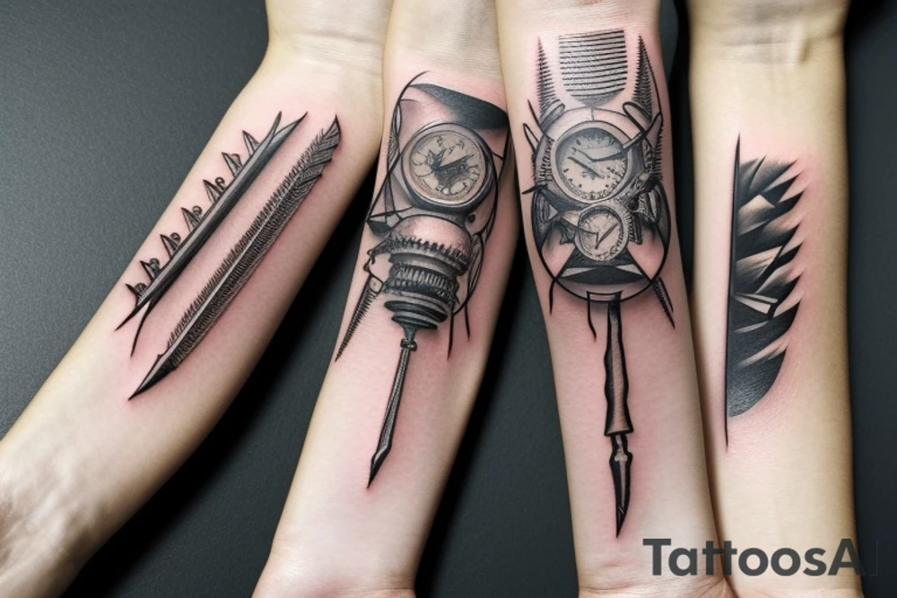 a forearm bracelet with many blade tips on it tattoo idea
