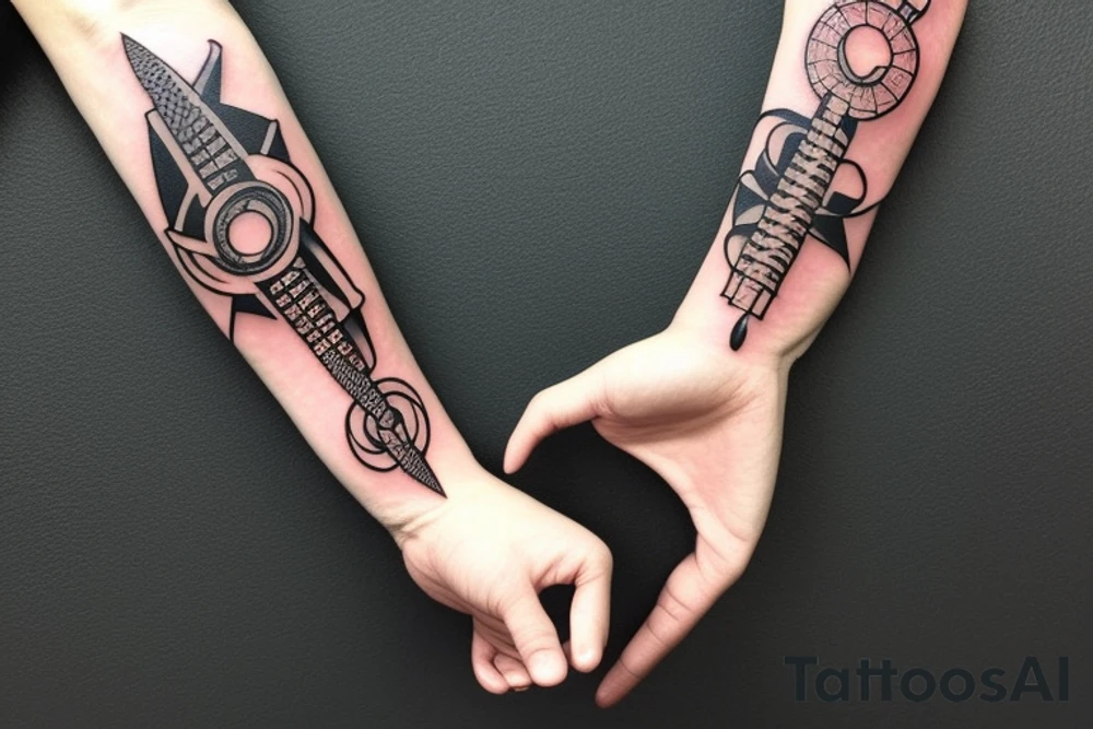 a forearm bracelet with many blade tips on it tattoo idea