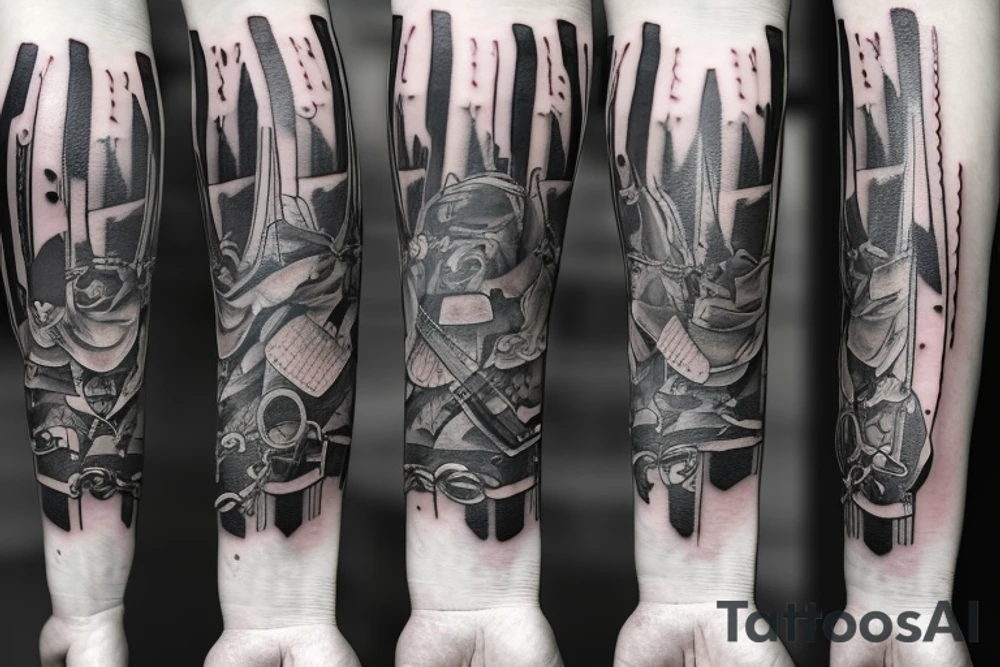a forearm bracelet with many blade tips on it tattoo idea