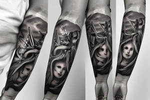 a forearm bracelet with many blade tips on it tattoo idea