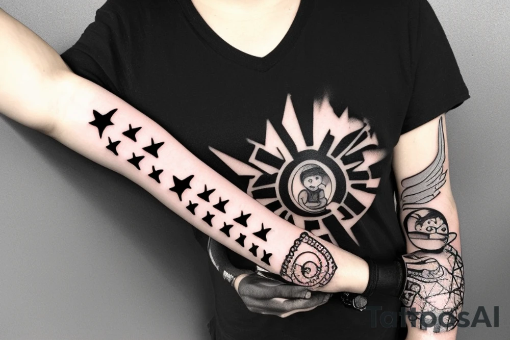 a forearm bracelet with many blade tips on it tattoo idea