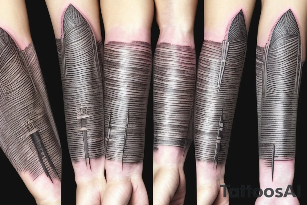 a forearm with many blade tips on it tattoo idea