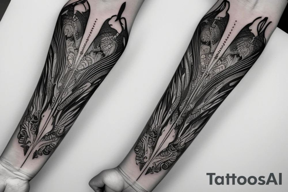 a forearm with many blade tips on it tattoo idea