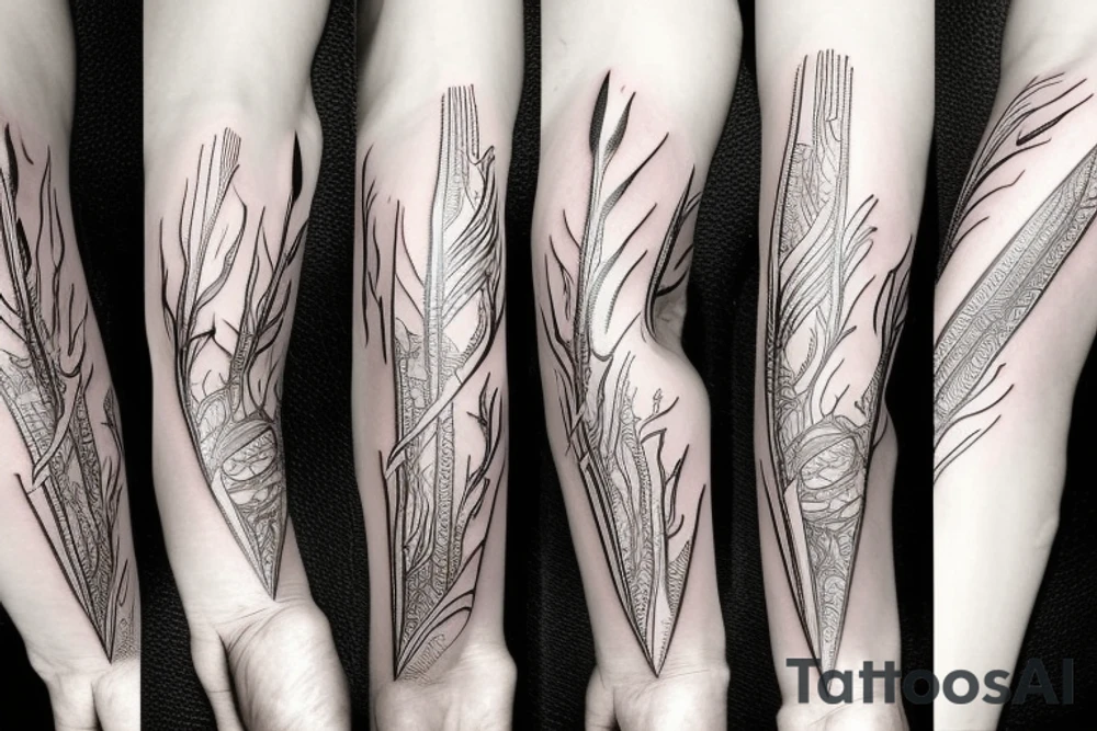 a forearm with many blade tips on it tattoo idea