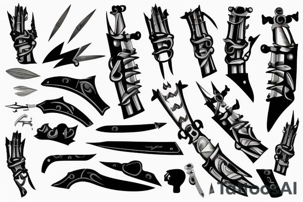 a forearm with many blade tips on it tattoo idea