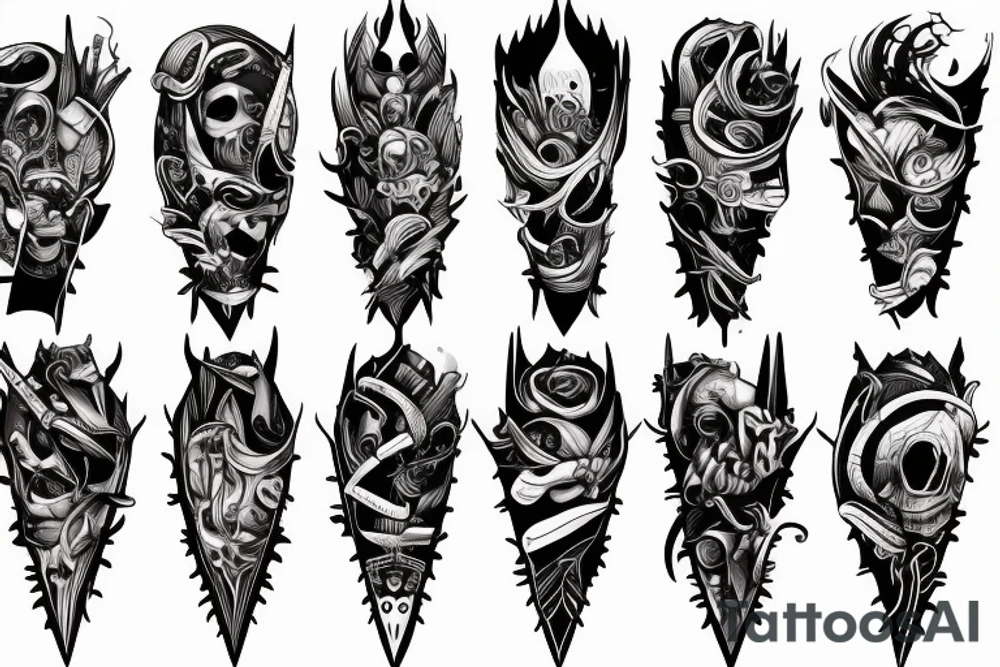 a forearm with many blade tips on it tattoo idea
