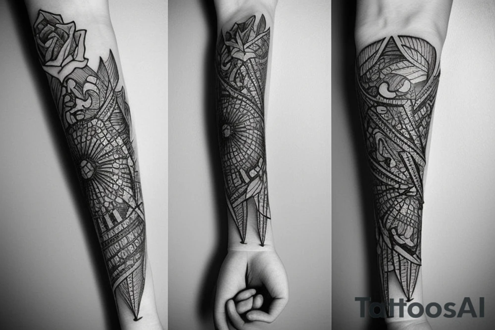 a forearm with many bow tips on it tattoo idea