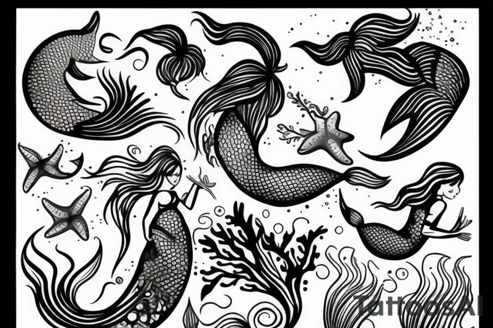 mermaid with fine lines swimming tattoo idea
