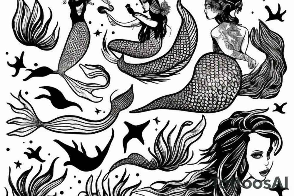 mermaid with fine lines swimming tattoo idea