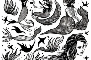 mermaid with fine lines swimming tattoo idea