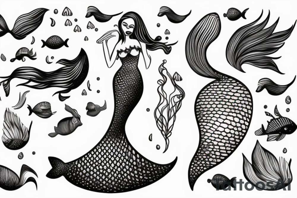 mermaid with fine lines swimming tattoo idea