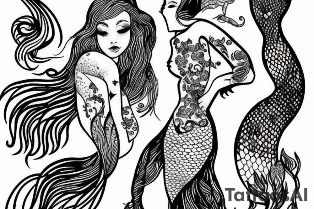 mermaid with fine lines swimming tattoo idea
