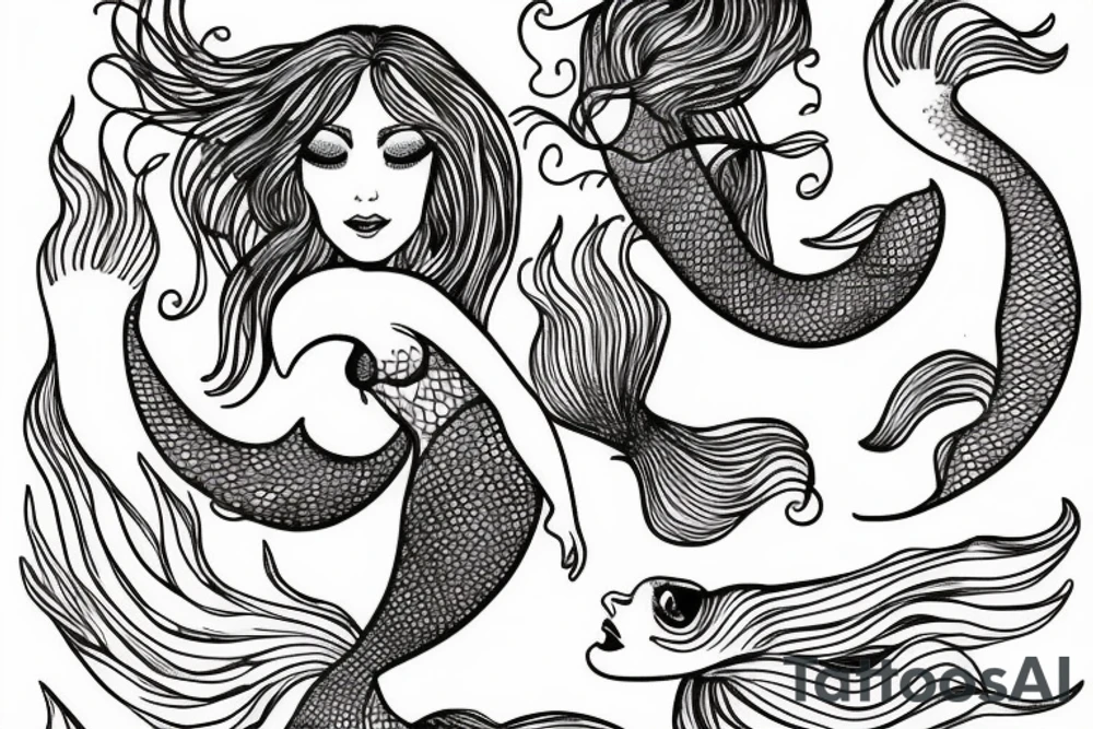mermaid swimming, with fine lines tattoo idea