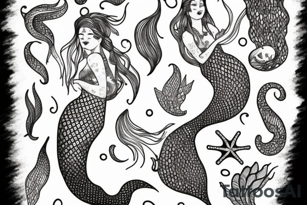 mermaid swimming, with fine lines tattoo idea