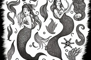 mermaid swimming, with fine lines tattoo idea