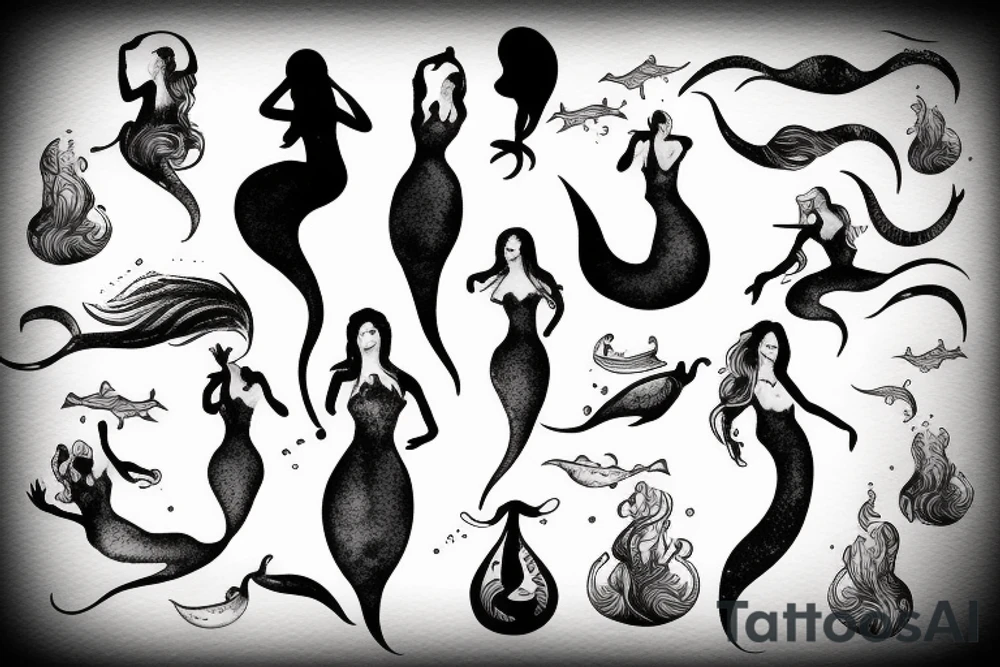 mermaid swimming, with fine lines tattoo idea