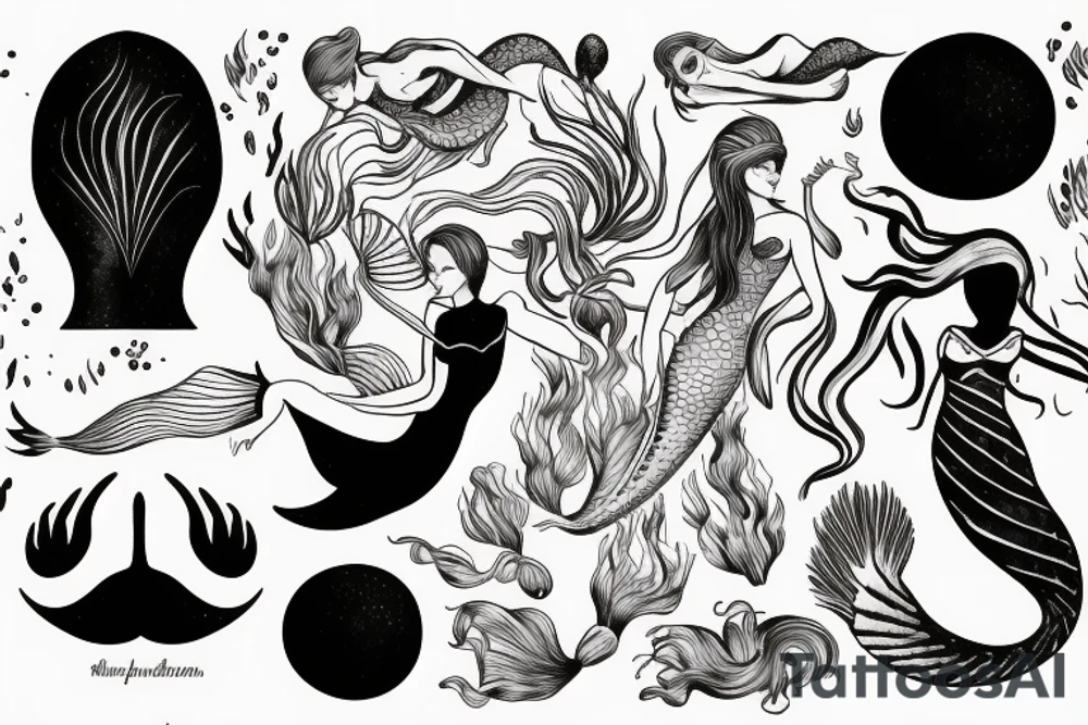 mermaid swimming, with fine lines tattoo idea