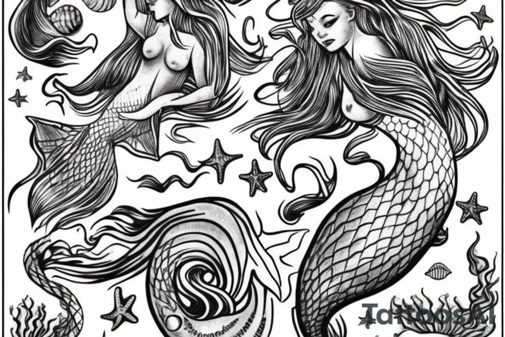 mermaid with a face, two arms.
Ocean stuff like : seashell, pearl, seaweeds, starfish, etc. tattoo idea