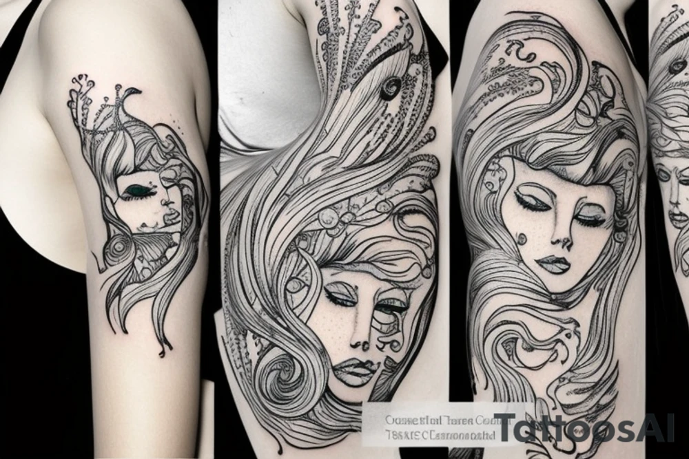 mermaid with a face, two arms.
Ocean stuff like : seashell, pearl, seaweeds, starfish, etc. tattoo idea