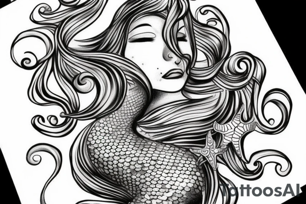 mermaid with a face, two arms.
Ocean stuff like : seashell, pearl, seaweeds, starfish, etc. tattoo idea