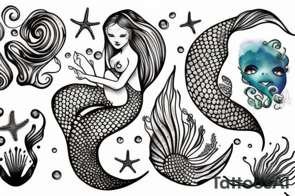 mermaid with a face, two arms.
Ocean stuff like : seashell, pearl, seaweeds, starfish, etc. tattoo idea