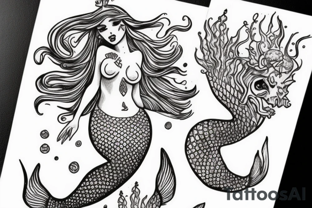 mermaid in an ancient card style (vintage)
use fine lines
small format tattoo idea
