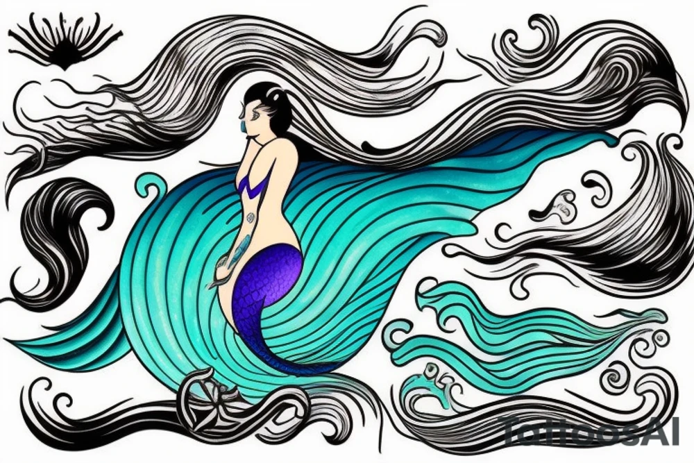 ocean wave and mermaid tail tattoo idea