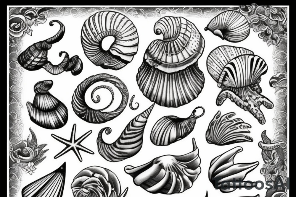 seashell with very fine lines tattoo idea