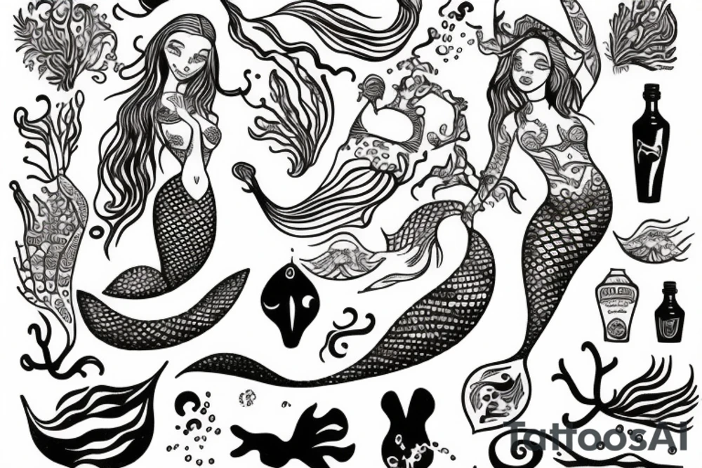 mermaid holding a bottle tattoo idea
