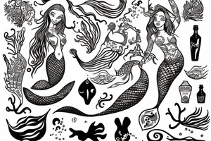 mermaid holding a bottle tattoo idea