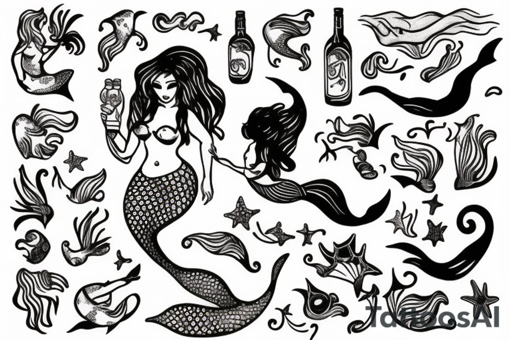 mermaid holding a bottle tattoo idea