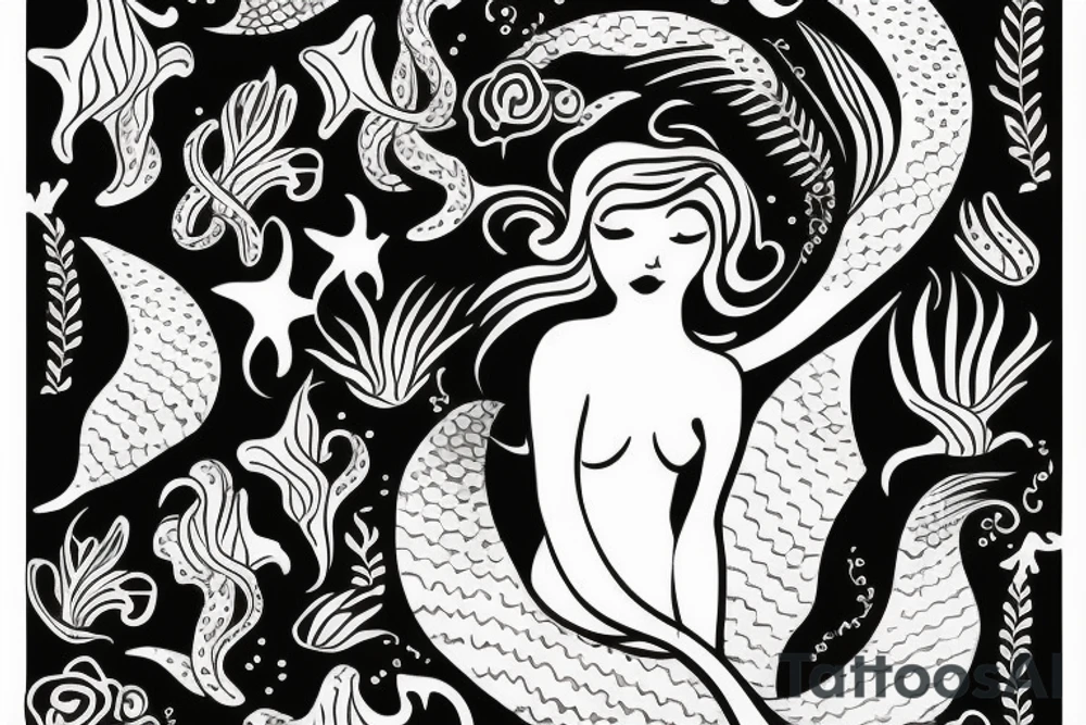 mermaid surrounded by plants tattoo idea