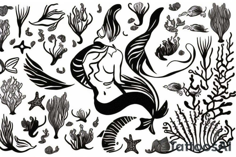 mermaid surrounded by plants tattoo idea