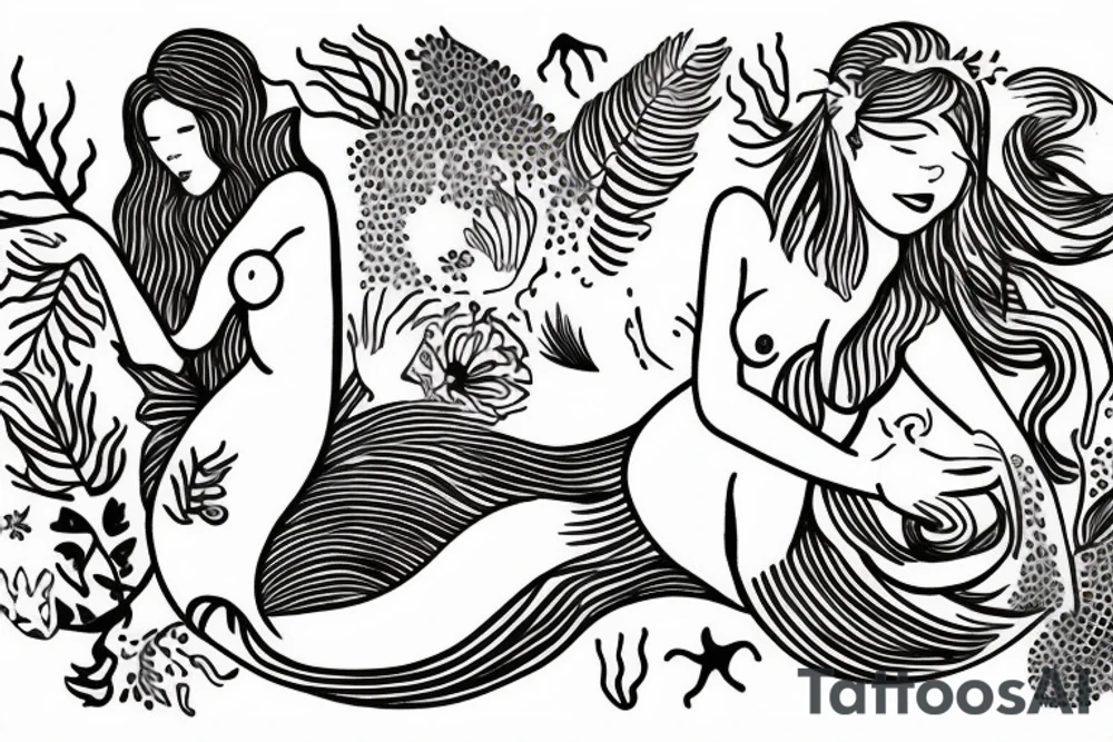 sleeping mermaid surrounded by plants tattoo idea