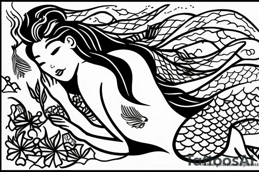 sleeping mermaid surrounded by plants tattoo idea