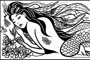 sleeping mermaid surrounded by plants tattoo idea