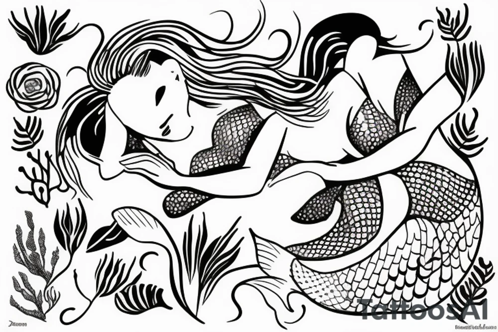 sleeping mermaid surrounded by plants tattoo idea