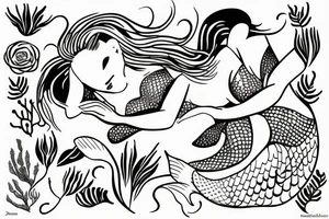 sleeping mermaid surrounded by plants tattoo idea