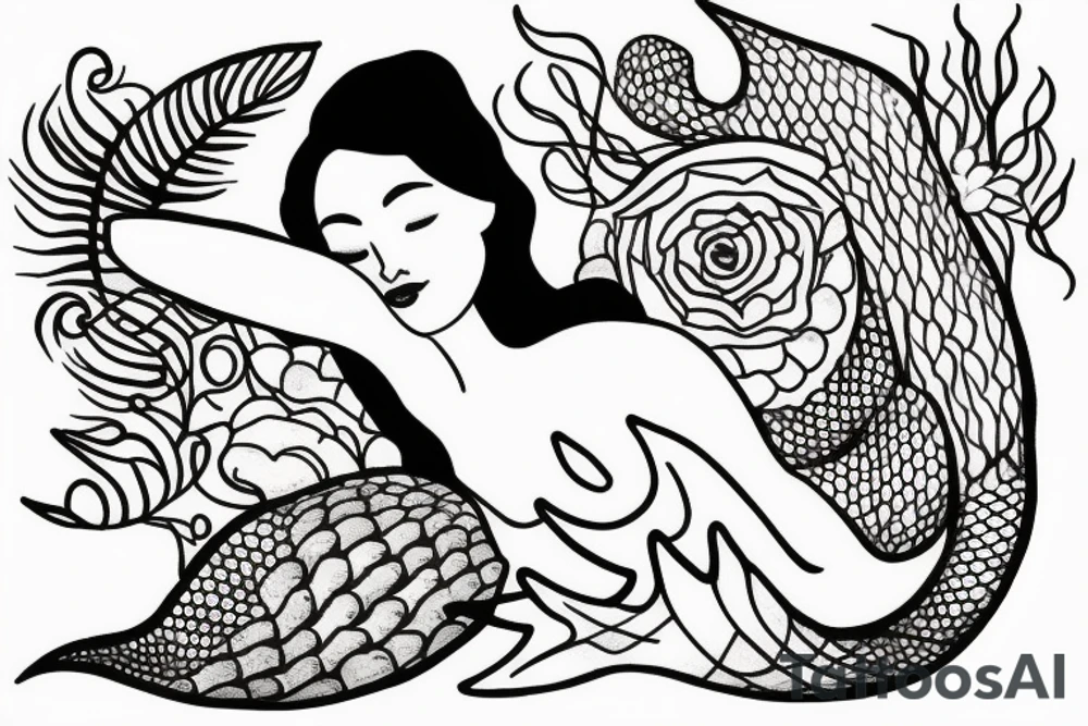 sleeping mermaid surrounded by plants tattoo idea