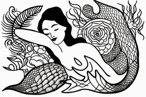 sleeping mermaid surrounded by plants tattoo idea