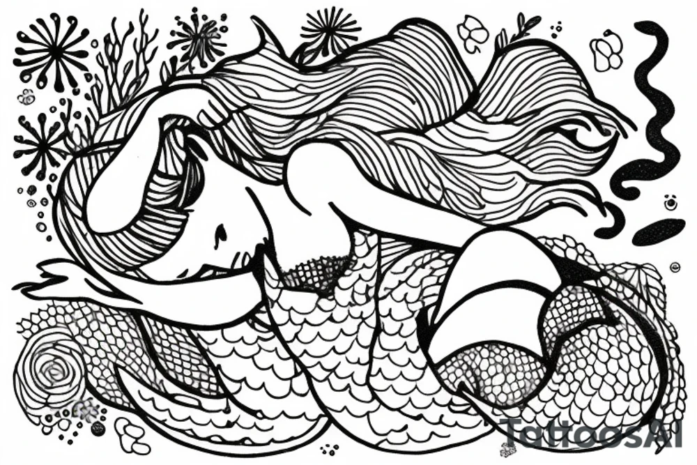 sleeping mermaid surrounded by plants tattoo idea