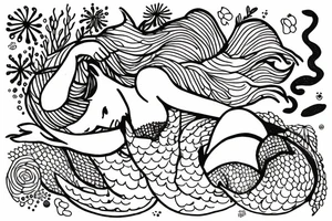sleeping mermaid surrounded by plants tattoo idea