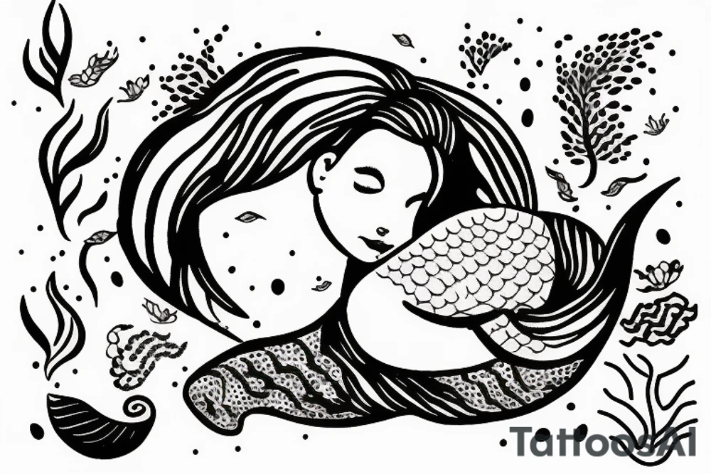 sleeping mermaid surrounded by plants tattoo idea
