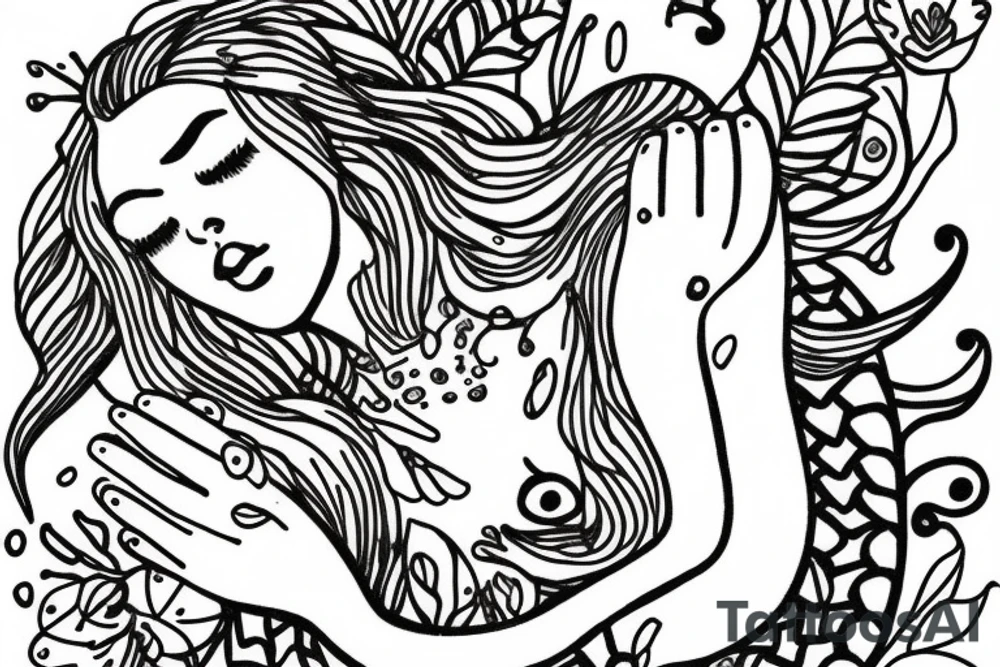 sleeping mermaid surrounded by plants tattoo idea