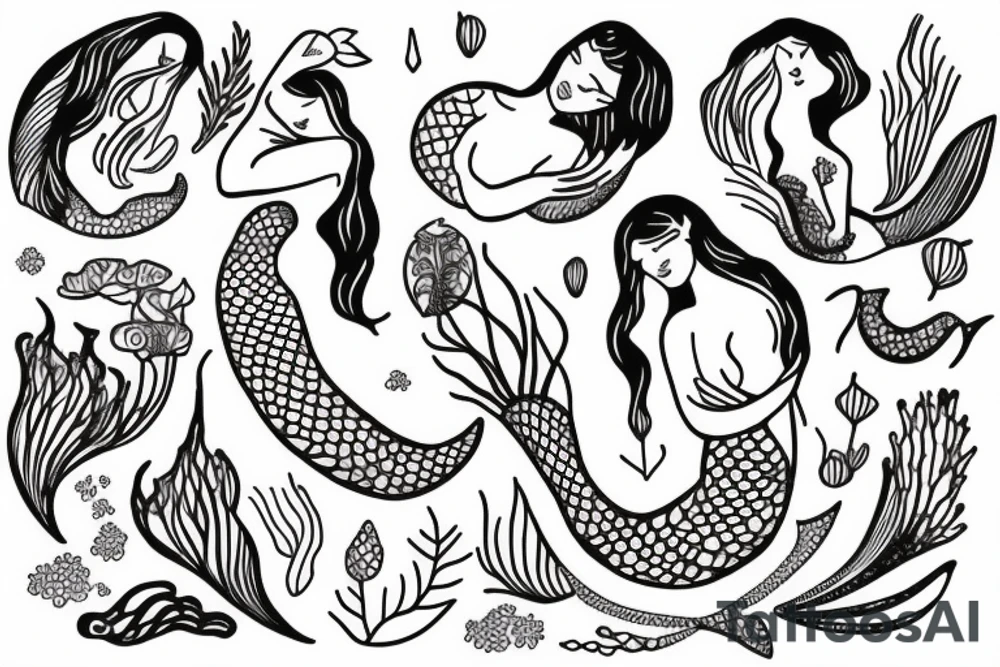 sleeping mermaid surrounded by plants tattoo idea